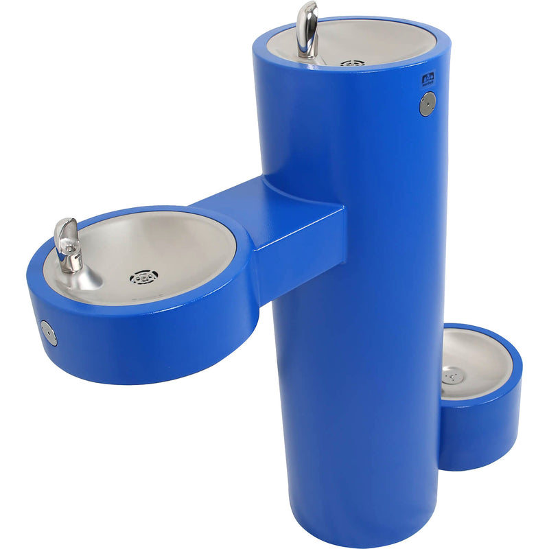GRM45 Series Bi-Level, Pedestal Mounted, Round, Barrier-Free Outdoor Drinking Fountain Powder Coated in Blue