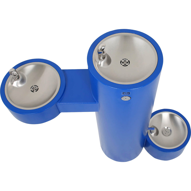 Top view of GRM45 Series Bi-Level, Pedestal Mounted, Round, Barrier-Free Outdoor Drinking Fountain Powder Coated in Blue with Pet Fountain
