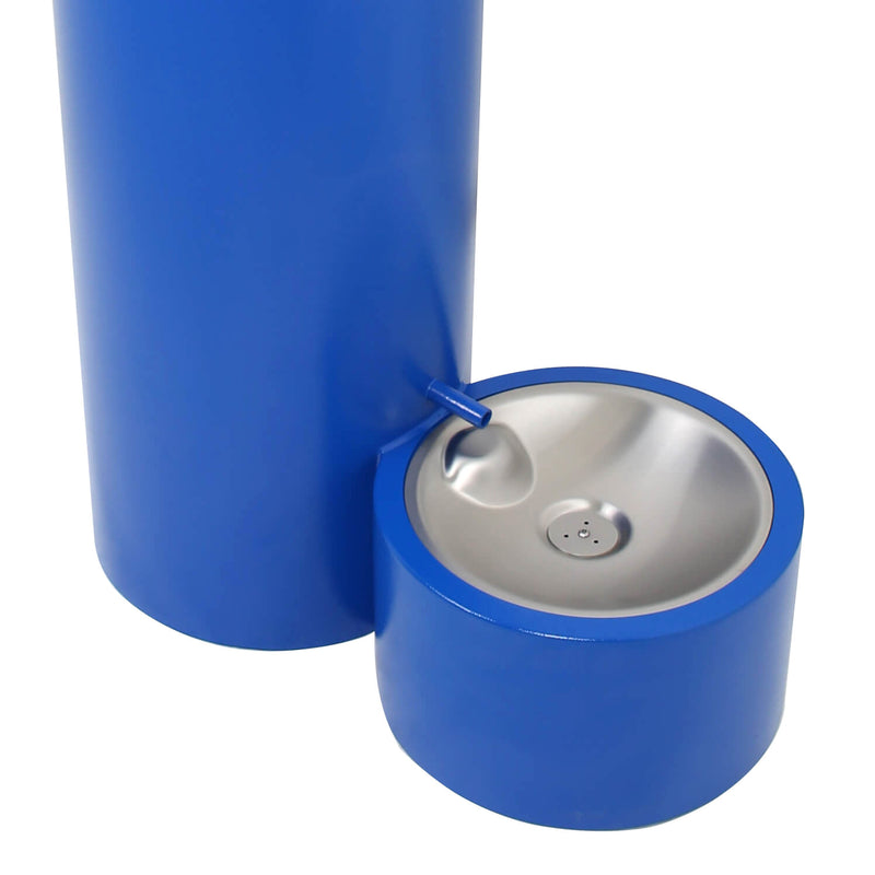 GRM45 Series Bi-Level Outdoor Drinking Fountain Powder Coated in Blue with close-up of optional pet drinking fountain
