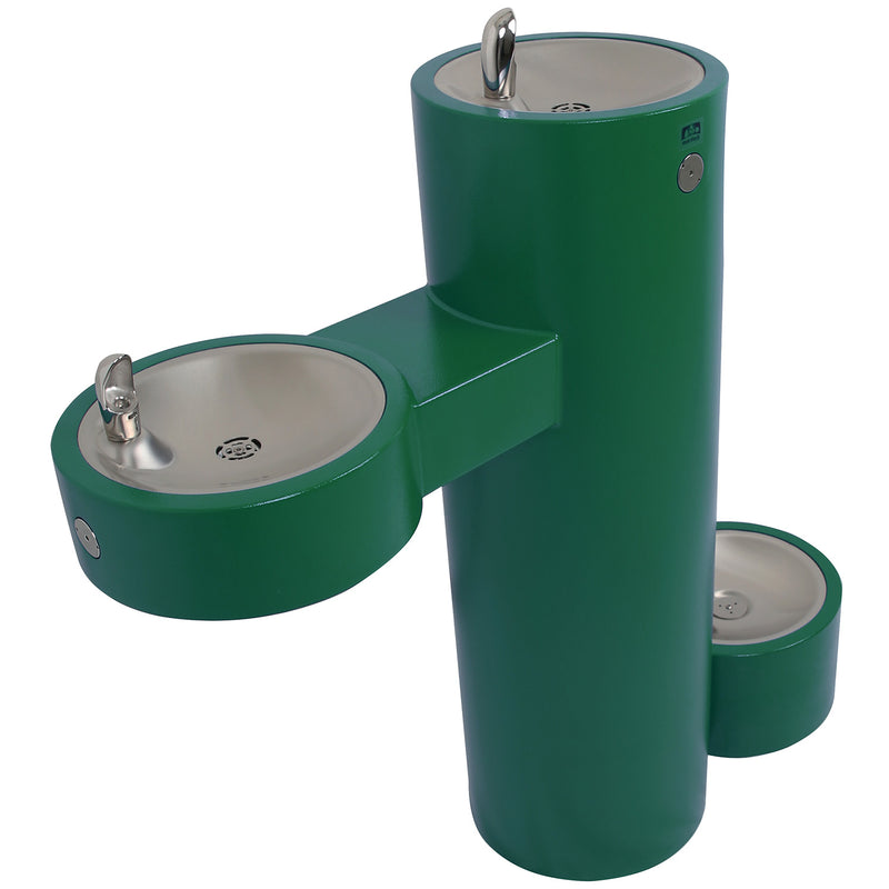 GRM45 Series Bi-Level, Pedestal Mounted, Round, Barrier-Free Outdoor Drinking Fountain Powder Coated in Green