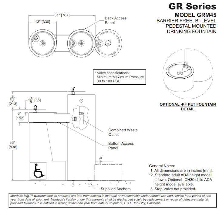 GRM45 Series Bi-Level, Pedestal Mounted, Round, Barrier-Free Outdoor Drinking Fountain Drawing Diagram