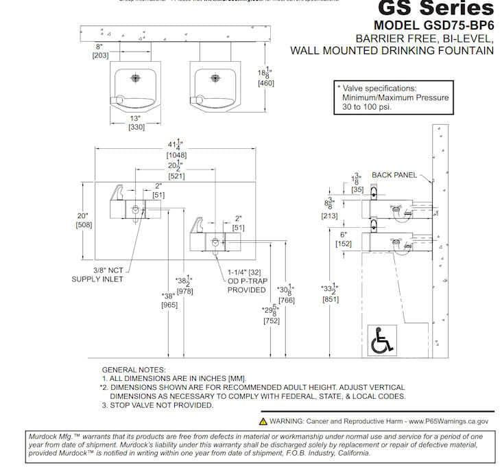 GSD75-BP6 Series Bi-Level Wall Mount Square Drinking Fountain