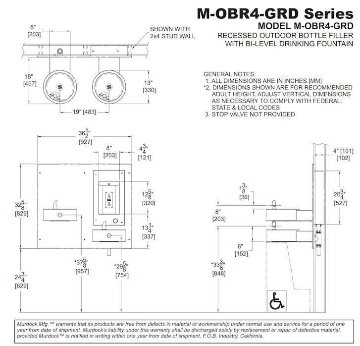 M-OBR4-GRD Recessed Bottle Filler with Sensor & Push Button and Two Bi-Level Drinking Fountain on Arms